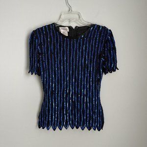 Vtg Stenay Blue Black Sequin Beaded Short Sleeve Silk Blouse